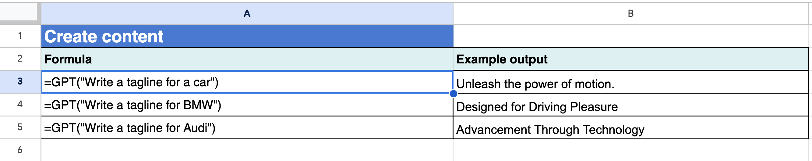 Chat GPT in Google Sheets for creation and rewriting content