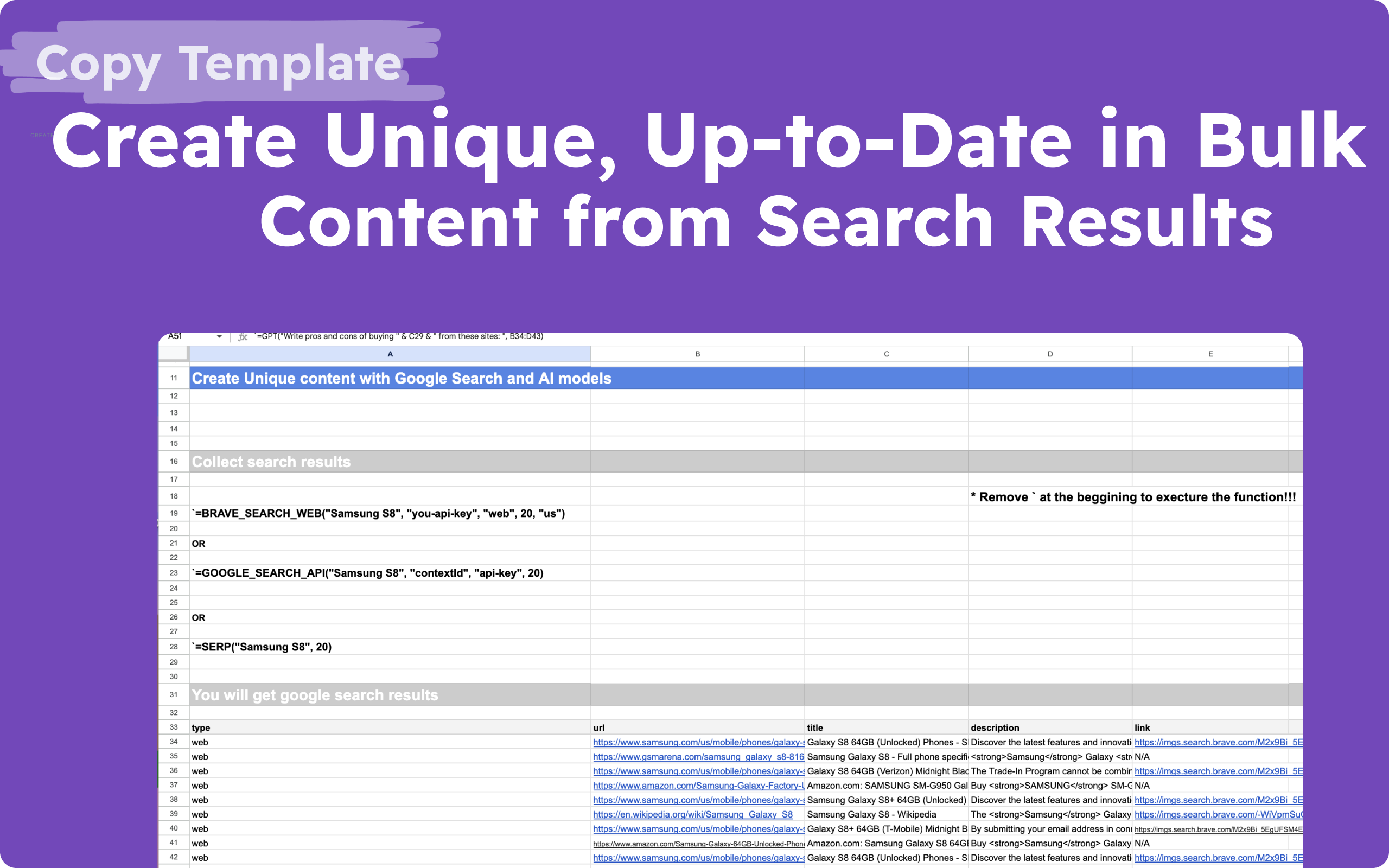 AI content generation template - Create unique, up-to-date content in bulk using ChatGPT for Google Sheets