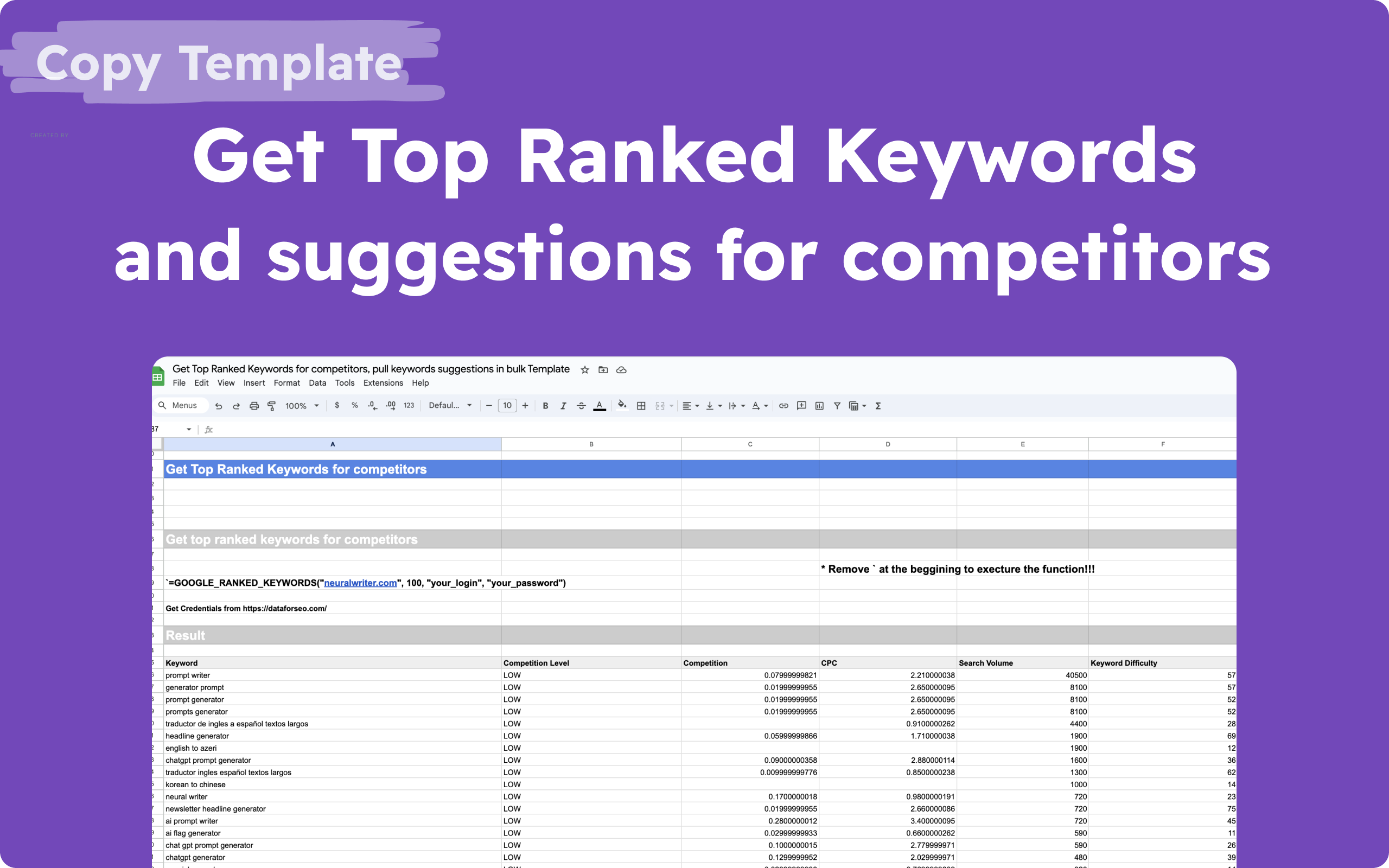 SEO Keywords Research Template - Alternative to Ahrefs and SEMrush for competitor keyword analysis