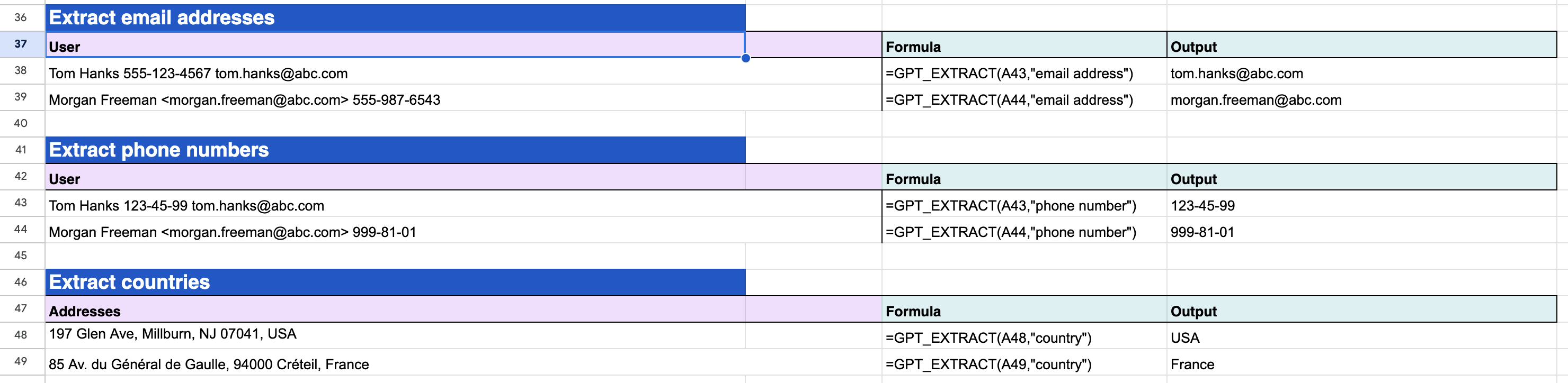 GPT_EXTRACT function emails, first names, last names, countries