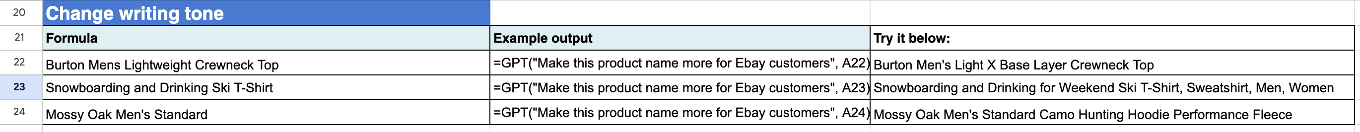 Change writing tone inside GPT for Sheets