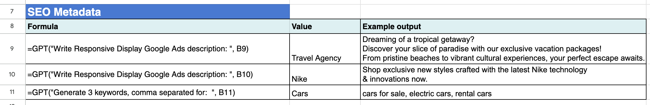 GPT function for Sheets to generate SEO metadata