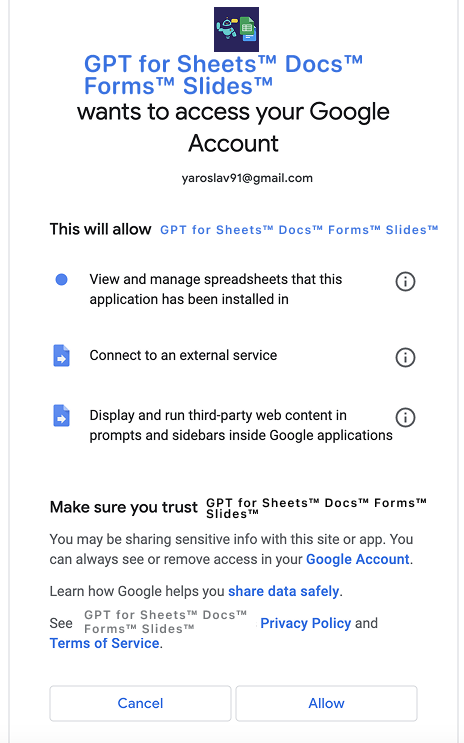 GPT for Sheets™ Docs™ Forms™ Slides™ Permissions